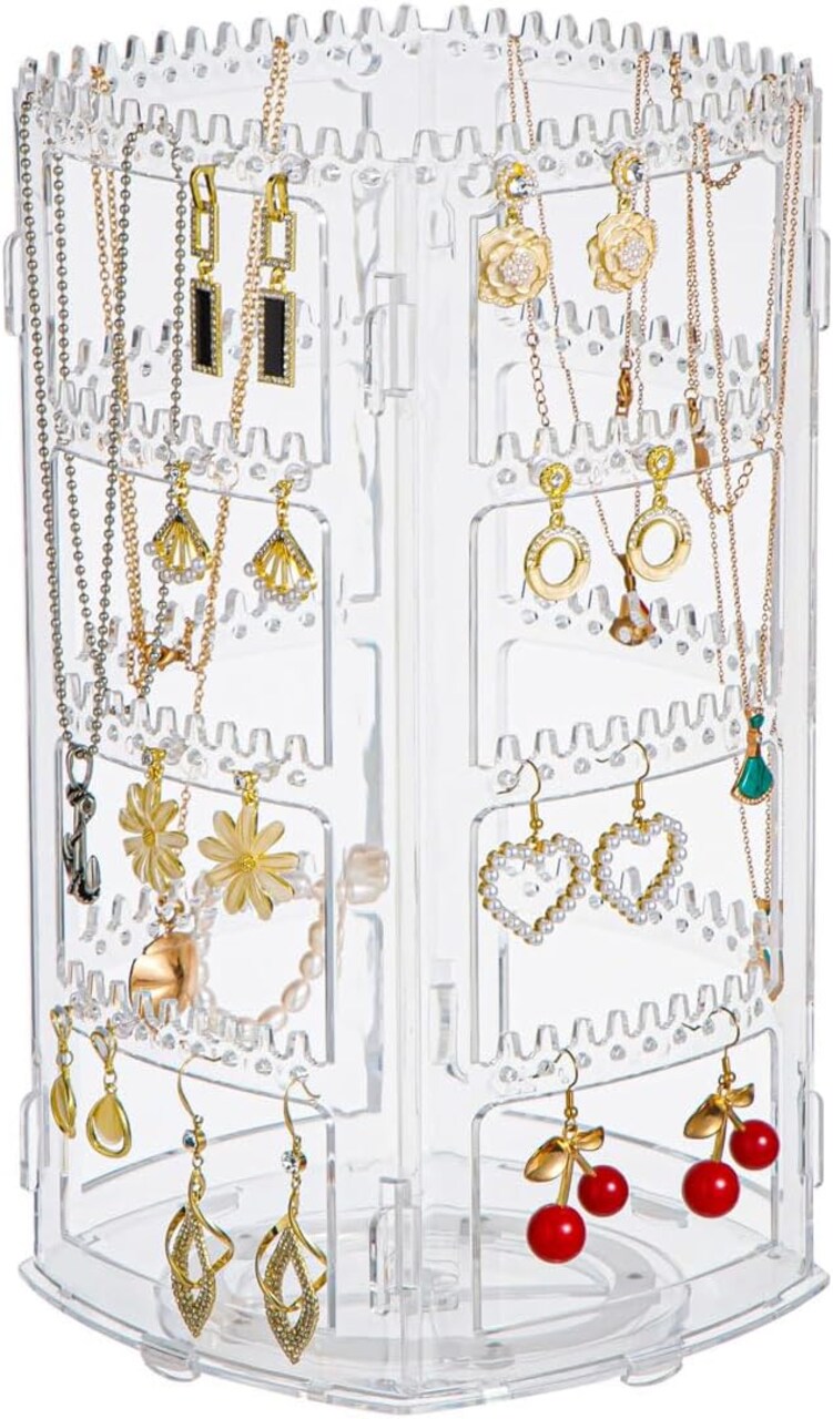 360° Rotating 4-Tier Jewelry Stand Organizer – Clear Display Rack for Earrings, Necklaces, Bracelets, and Dangle Jewelry